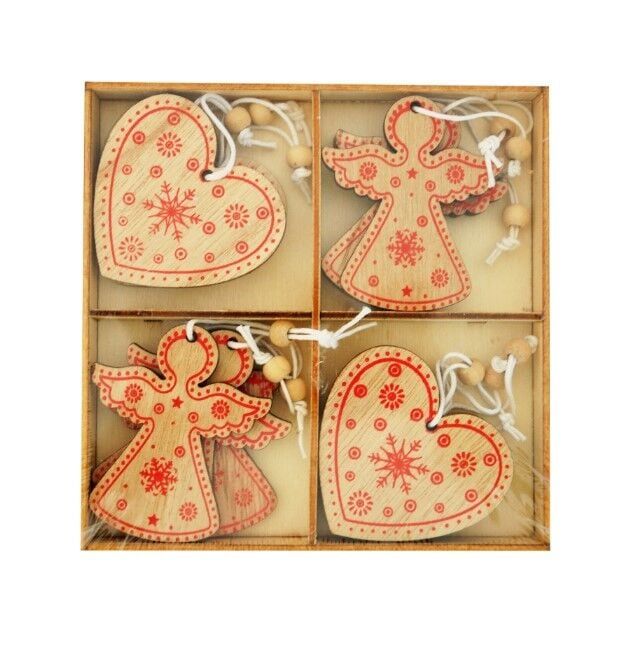 12 Parça Yılbaşı Ahşap Dekor Ağaç Süsleri (Kalp / Melek)