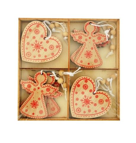 12 Parça Yılbaşı Ahşap Dekor Ağaç Süsleri (Kalp / Melek)
