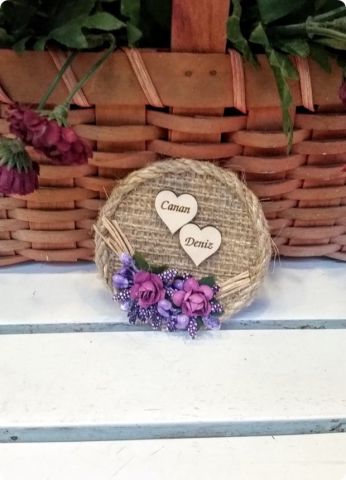 Çuval Yuvarlak Ahşap Kalpli Magnet (Söz, Nişan, Nikah, Şekeri)
