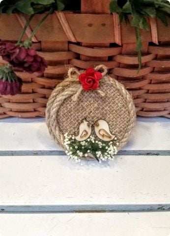 Çuval Yuvarlak Ahşap Kuşlu Magnet (Söz, Nişan, Nikah, Şekeri)