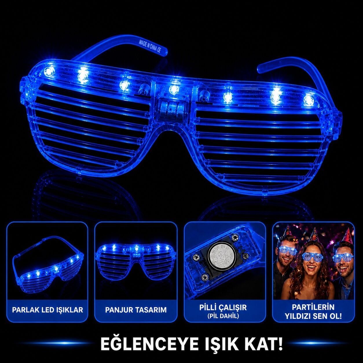 LED Işıklı Panjur Parti Gözlüğü Mavi Renk Shutter Gözlük