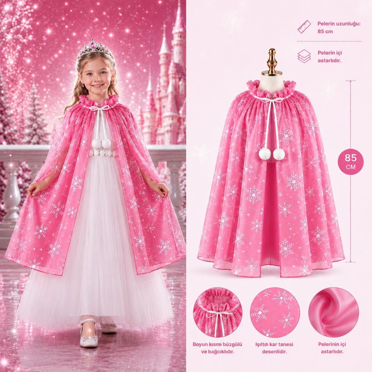 Kar Tanesi Desenli Pembe Elsa Pelerini - Astarlı Frozen Pelerini 85 cm