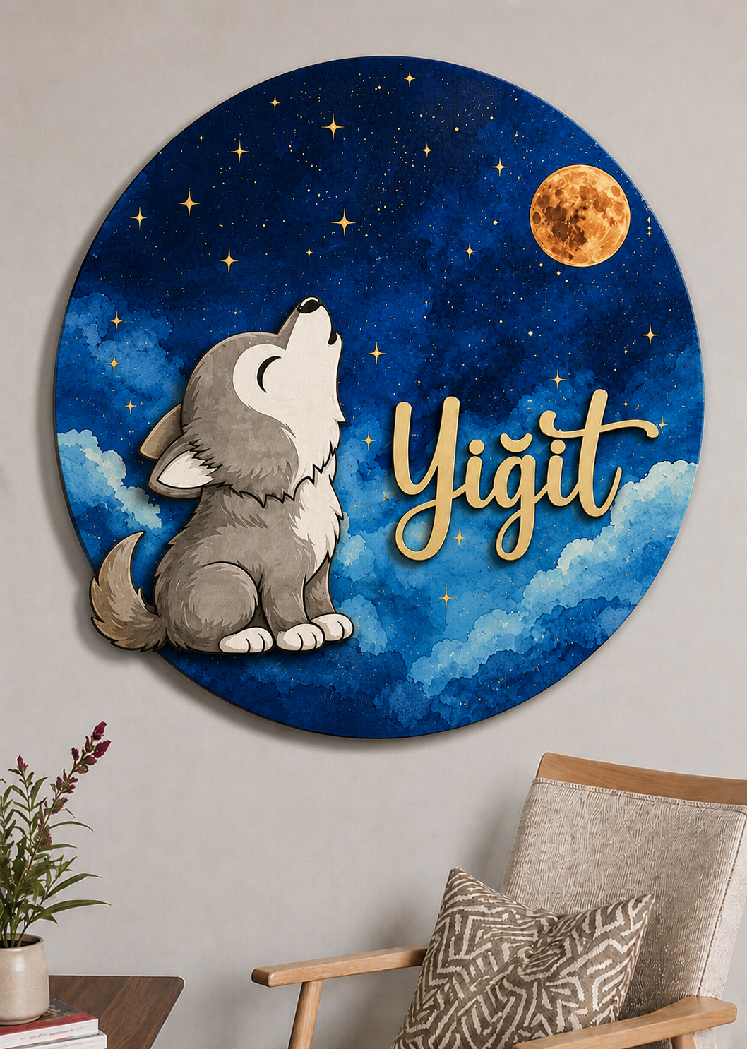 30 Cm Ahşap gökyüzü & kurt  dekorlu isme özel  Kapı süsü