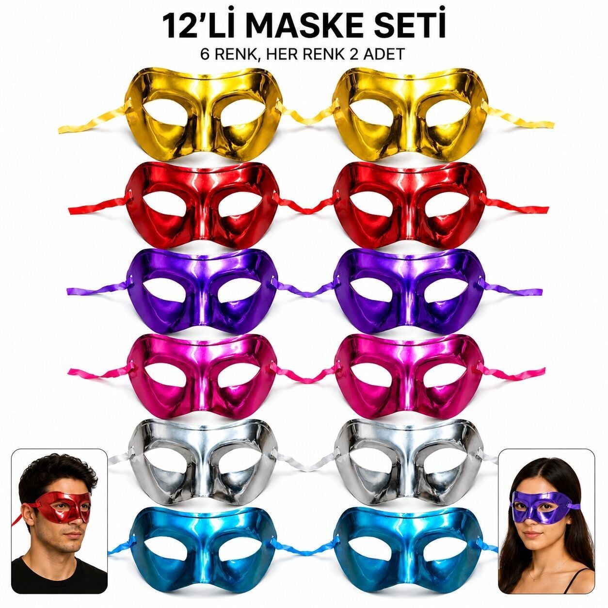 12 li Metalik Venedik Toptan Parti Maskesi Seti – 6 Renk Karışık