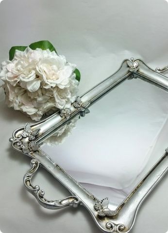 Dikdörtgen Kelebek Desenli Aynalı Söz,Nişan,Nikah Yüzük Tepsisi