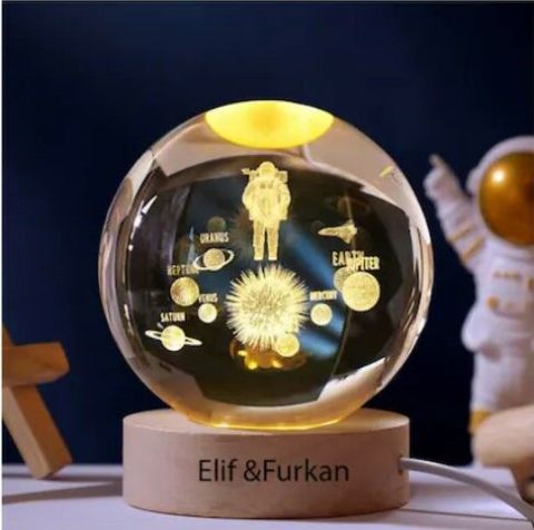 Dekoratif Bütün Gezegenler Tasarımlı Ahşap altlıklı Işıklı Cam Küre