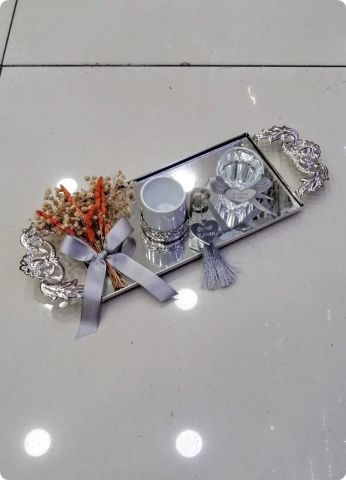Süslü Aynalı Saplı Damat Kahvesi / Yüzük Tepsisi