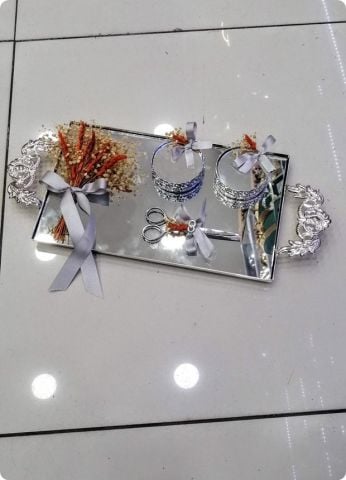 Süslü Aynalı Saplı Damat Kahvesi / Yüzük Tepsisi