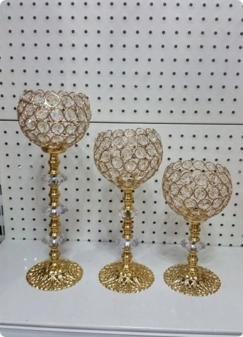 3 lü şamdan Metal yuvarlak tepelikli Taşlı