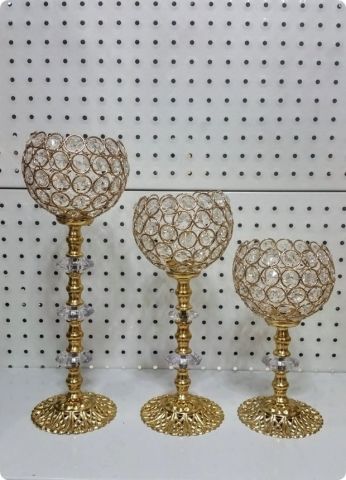 3 lü şamdan Metal yuvarlak tepelikli Taşlı