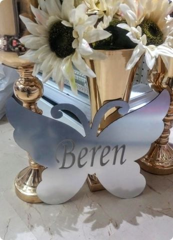 Kelebek İsim Yazılı Lazer kesim mdf + Pleksi Ayna Kapı Süsü
