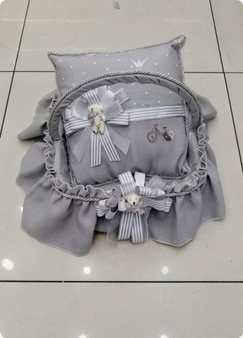 Süslü Gri Desenli Bebek takı yastığı, sepeti, kapı süsü