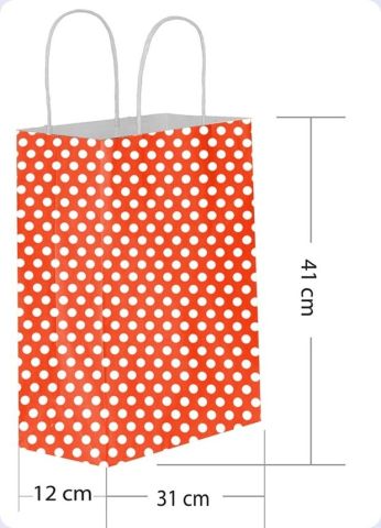 25 Li 31x41 cm Büküm saplı Kağıt Çanta-Poşet Kırmızı Puanlı