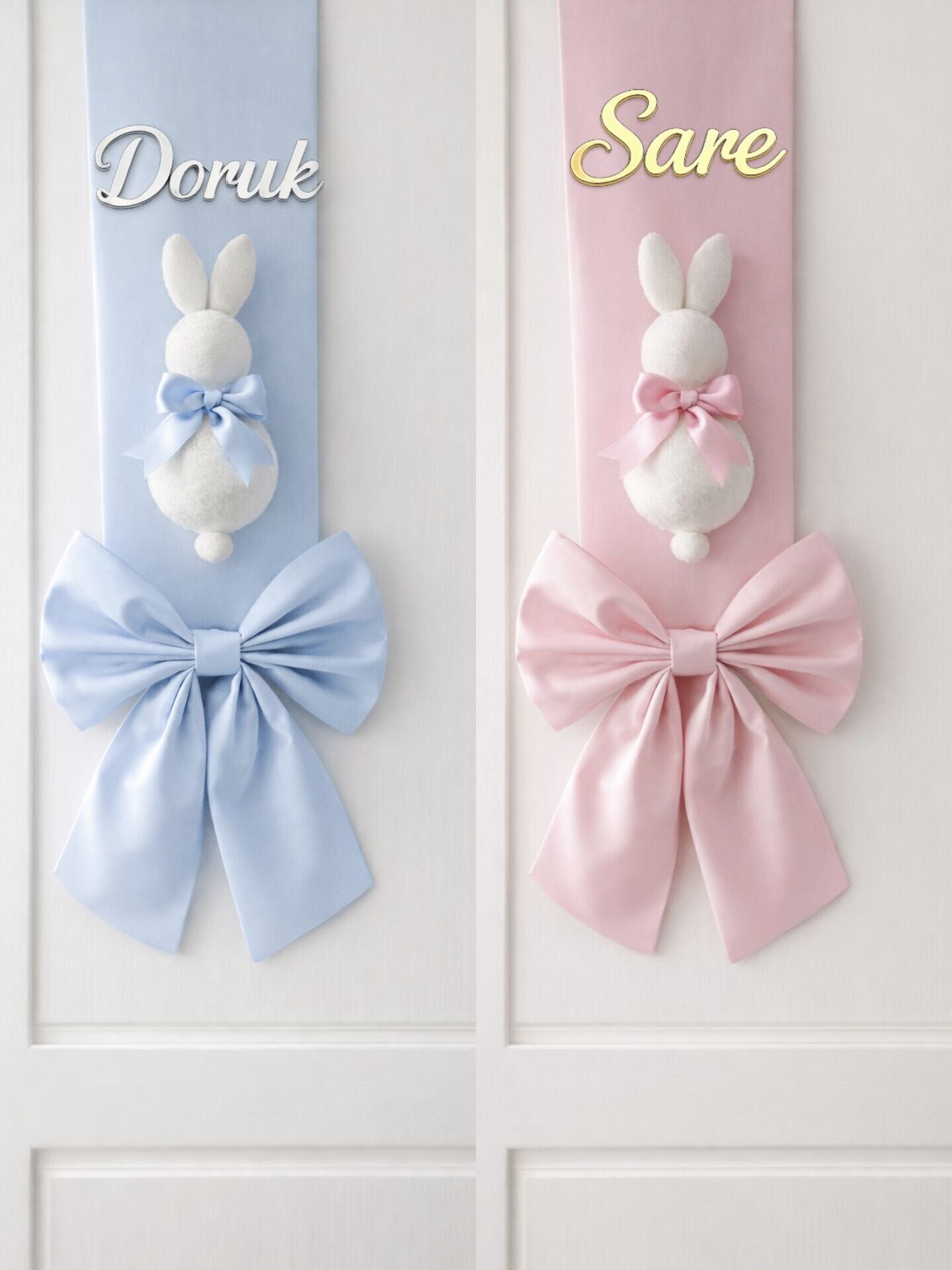 Çift taraflı tavşanlı hastane / oda kapı süsü fiyonku