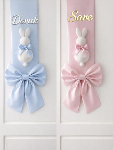 Çift taraflı tavşanlı hastane / oda kapı süsü fiyonku