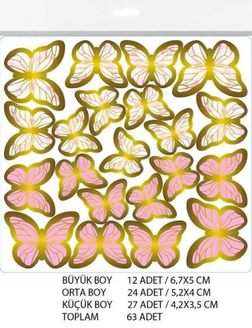 KELEBEK DEKORATİF SÜS VARAKLI PEMBE SET:63 ADET