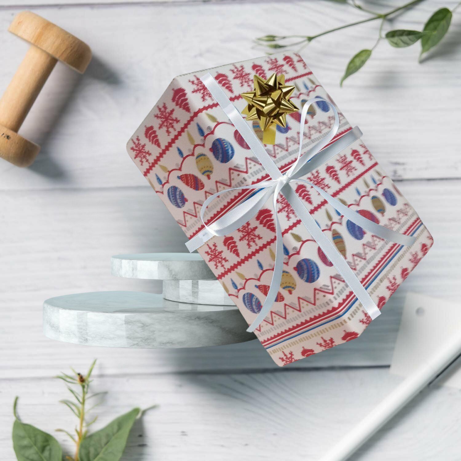 İtalyan Hediye Paketleme Kağıdı, Kar, Çam, Küre Desenli Ambalaj Kağıdı, BEYAZ Zemin