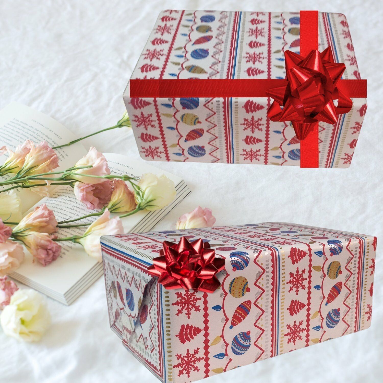 İtalyan Hediye Paketleme Kağıdı, Kar, Çam, Küre Desenli Ambalaj Kağıdı, BEYAZ Zemin