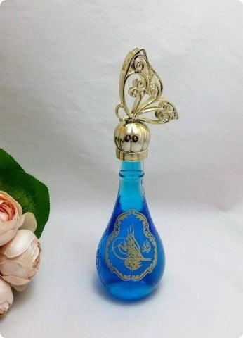 12 li 3 Boyutlu pvc Kelebek Tepelikli Osmanlı Tuğralı İksir Cam Kolonya Şişesi