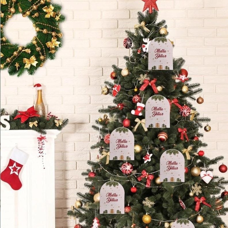 50 Li Yılbaşı Mutlu Yıllar Yazılı Hediye Etiketi, Delikli Yeni Yıl Paketleme Kartı