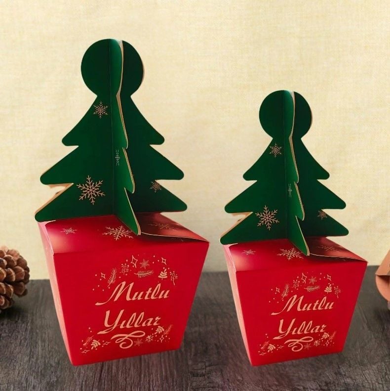 12 li Yılbaşı Çam Ağacı Saplı Hediye Kutu
