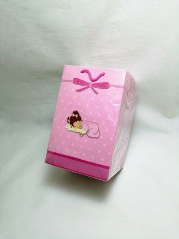 11x17 Cm Fiyonklu Yatan Bebek Pembe İpli Karton Çanta, Poşet