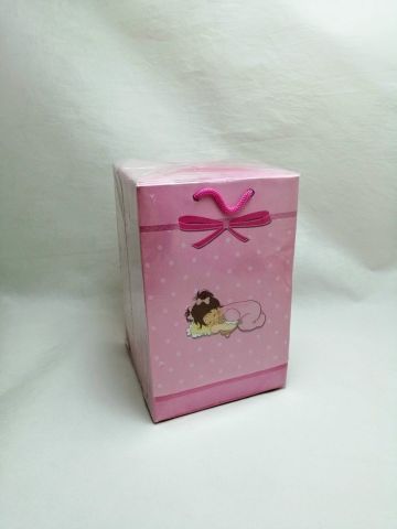 11x17 Cm Fiyonklu Yatan Bebek Pembe İpli Karton Çanta, Poşet