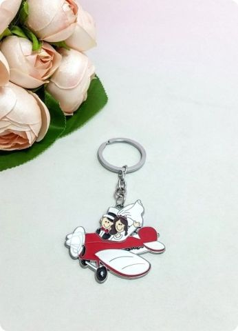20 li Uçakta Gelin Damat Nikah Şekeri Anahtarlık (Parlak Metal)