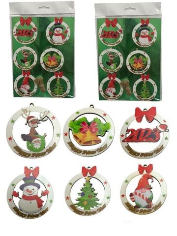 6 lı Ahşap Yılbaşı Ağaç Süsü