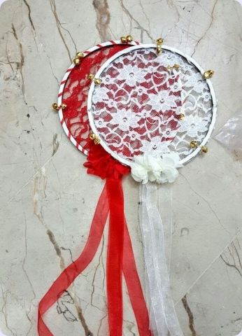3 Adet Dantel Tüllü,Metal Zilli,Kına Ahşap Gövdeli Tef 3 lü