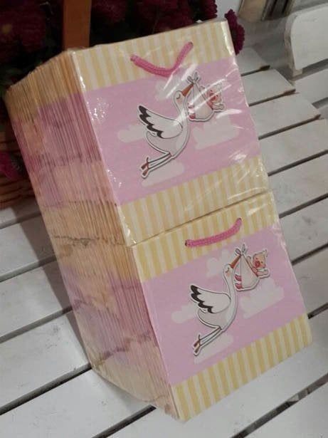50 Li Leylekli Bebek Pembe Karton Çanta 11x11 Cm
