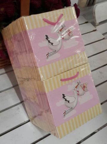 50 Li Leylekli Bebek Pembe Karton Çanta 11x11 Cm