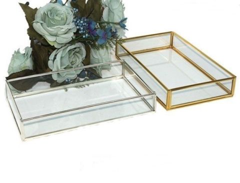 Metal Kenarlı Kapaksız Cam Damat Tepsisi (25*15*4cm)