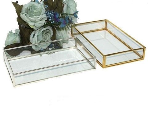 Metal Kenarlı Kapaksız Cam Damat Tepsisi (25*15*4cm)