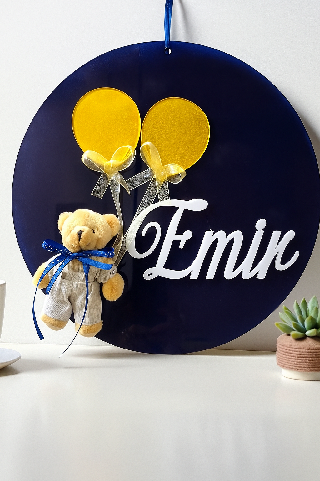 Pleksi balonlu sarı lacivert ayıcıklı Kapı süsü