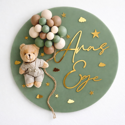 Ahşap balonlu ayıcıklı isme özel kapı süsü