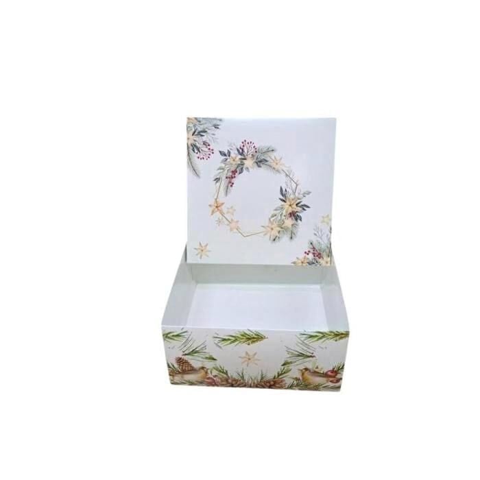 26x26x9 Cm Yılbaşı Desenli Beyaz Komple Karton Hediye Kutuları