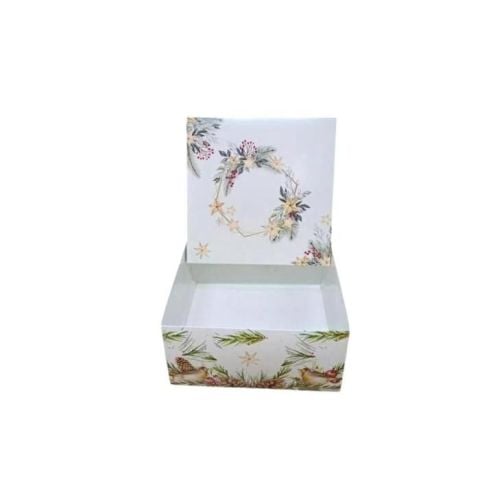 26x26x9 Cm Yılbaşı Desenli Beyaz Komple Karton Hediye Kutuları