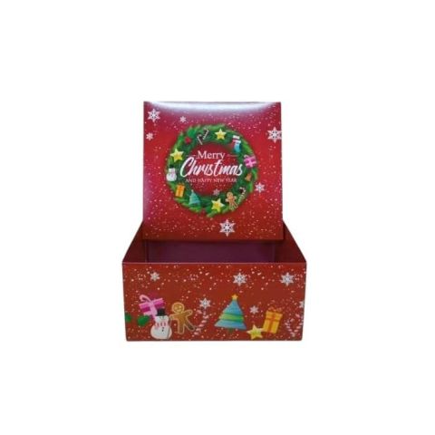26x26x9 Cm Yılbaşı Desenli (Merry Christmas) Kırmızı Komple Karton Hediye Kutuları