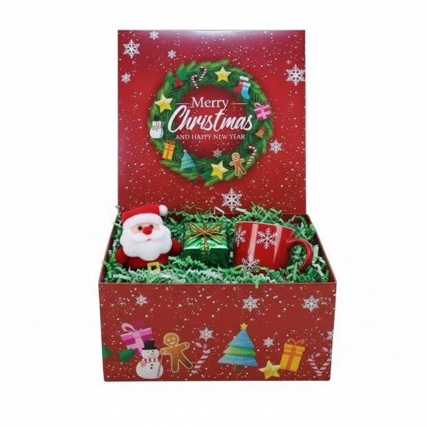26x26x9 Cm Yılbaşı Desenli (Merry Christmas) Kırmızı Komple Karton Hediye Kutuları