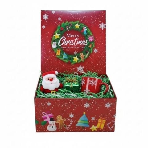 26x26x9 Cm Yılbaşı Desenli (Merry Christmas) Kırmızı Komple Karton Hediye Kutuları