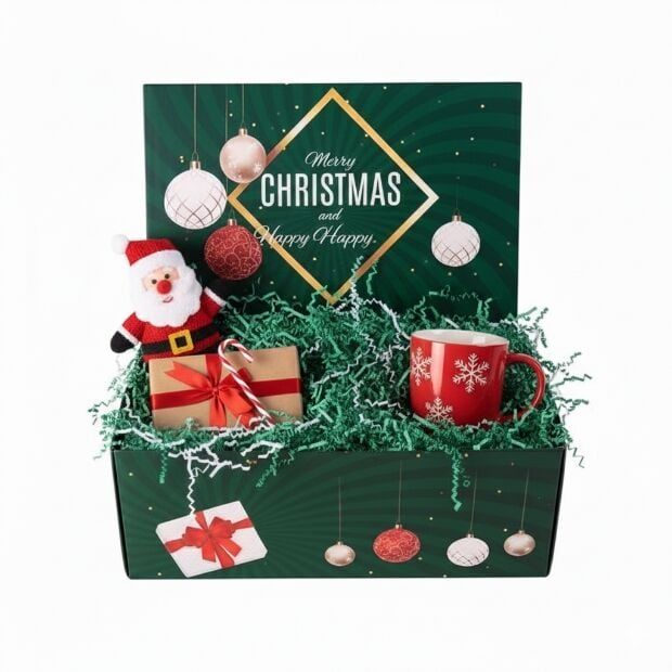 25x15x10 Cm Yılbaşı Desenli (Mery Christmas) Yeşil Komple Karton Hediye Kutuları