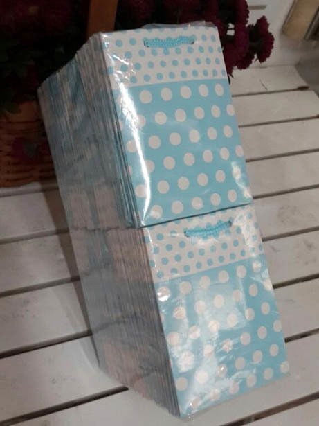 50 Li  Mavi puantiyeli Körüklü Karton Çanta/Poşet  8 x 11 Cm