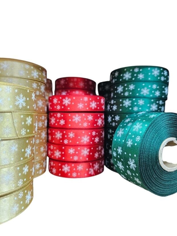 2 Cm (20 Mt.) Yılbaşı Kar Taneli Saten Kurdele