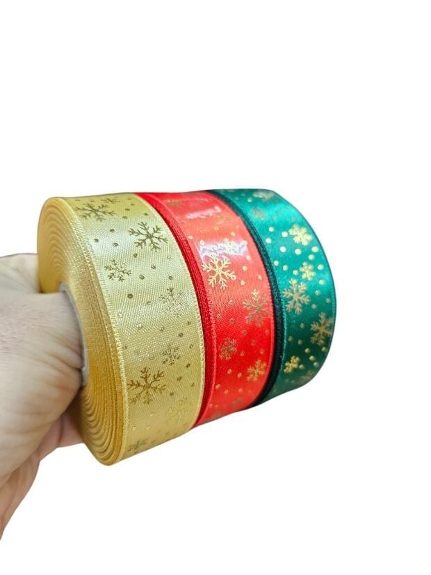 2,5 Cm (20 Mt.) Yılbaşı Kar Taneli Saten Kurdele