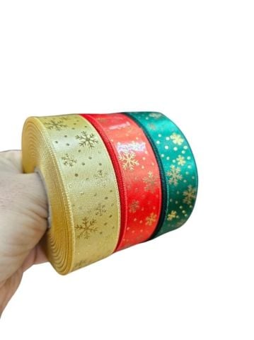 2,5 Cm (20 Mt.) Yılbaşı Kar Taneli Saten Kurdele