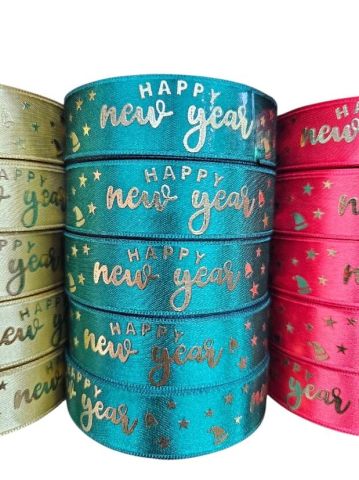 2,5 Cm (20 Mt.) Yılbaşı Happy New Year varaklı Saten Kurdele