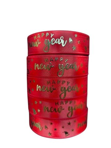 2,5 Cm (20 Mt.) Yılbaşı Happy New Year varaklı Saten Kurdele