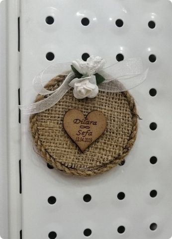 Çuval Ahşap Kalpli Magnet (Söz, Nişan, Nikah, Şekeri)
