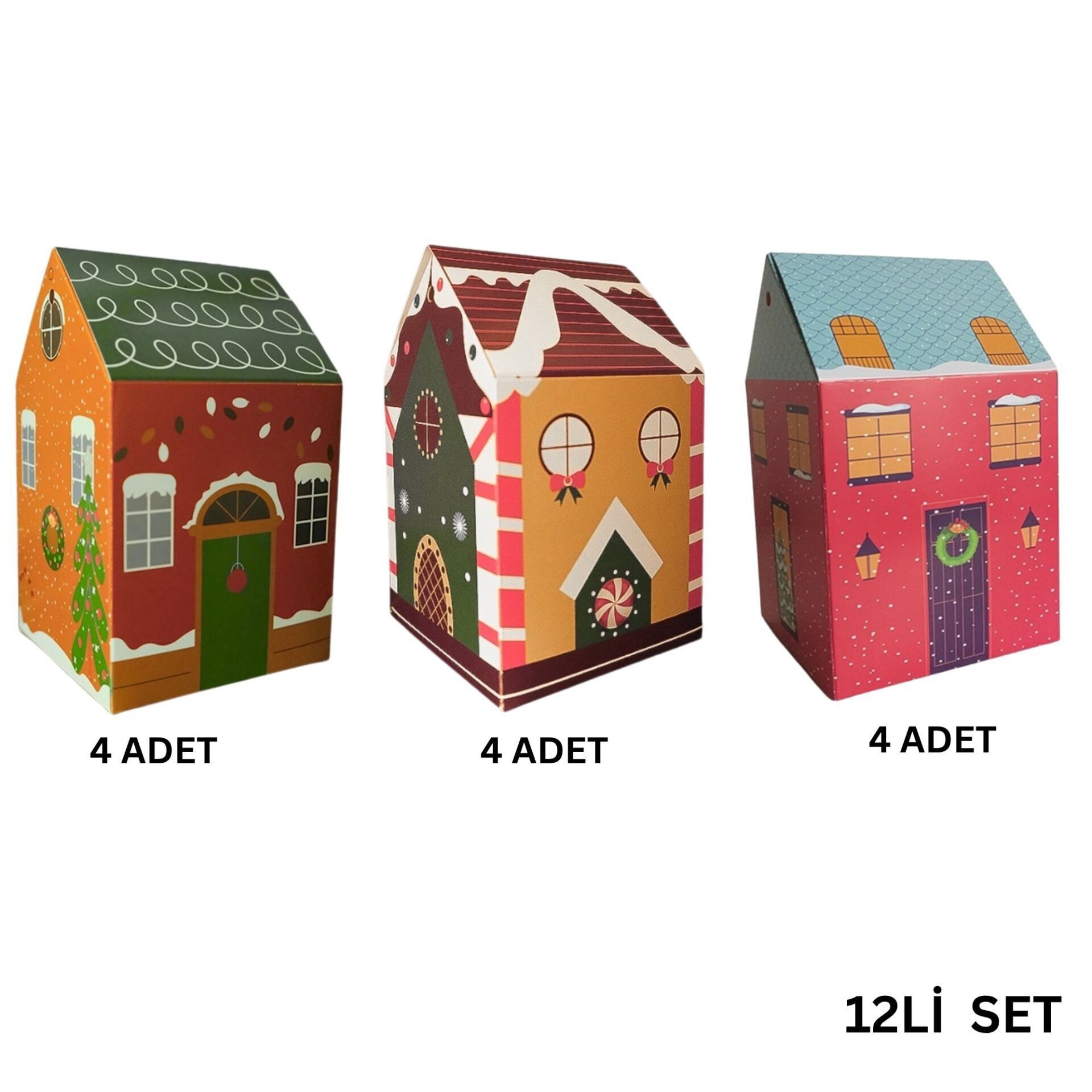12 Li Yılbaşı Ev Tasarımlı (3 Farklı desen) Çatılı Kutu Çanta